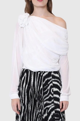 Ensley Flower Single Shoulder Mesh Top In White